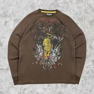 2000's Mecca Tiger Graphic Waffle Knit Thermal Long Sleeve Shirt